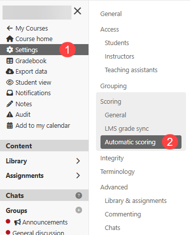 Course scoring policy labeled 2 via settings labeled 1