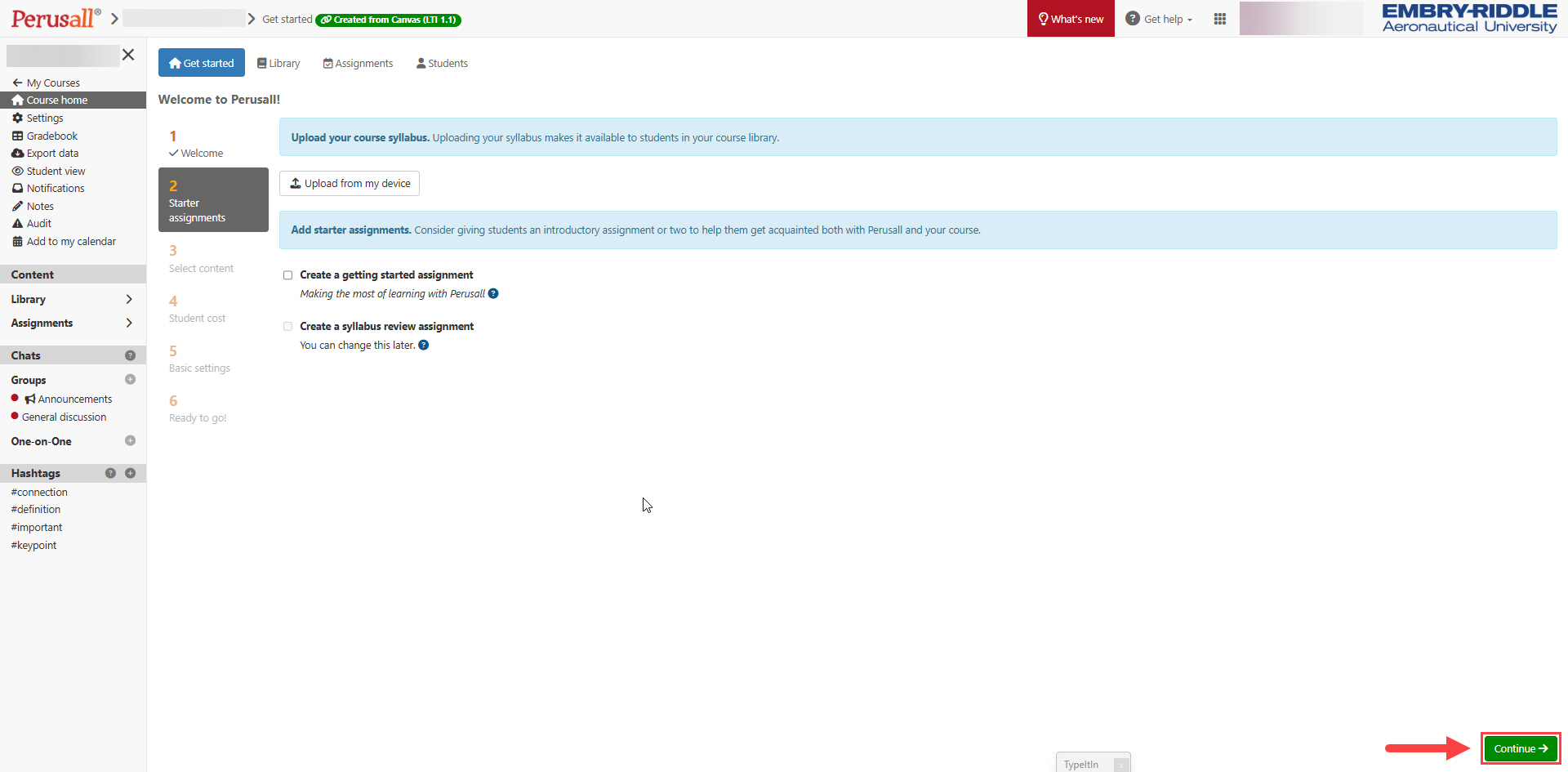 Perusall Starter Assignments page with Continue highlighted for selection
