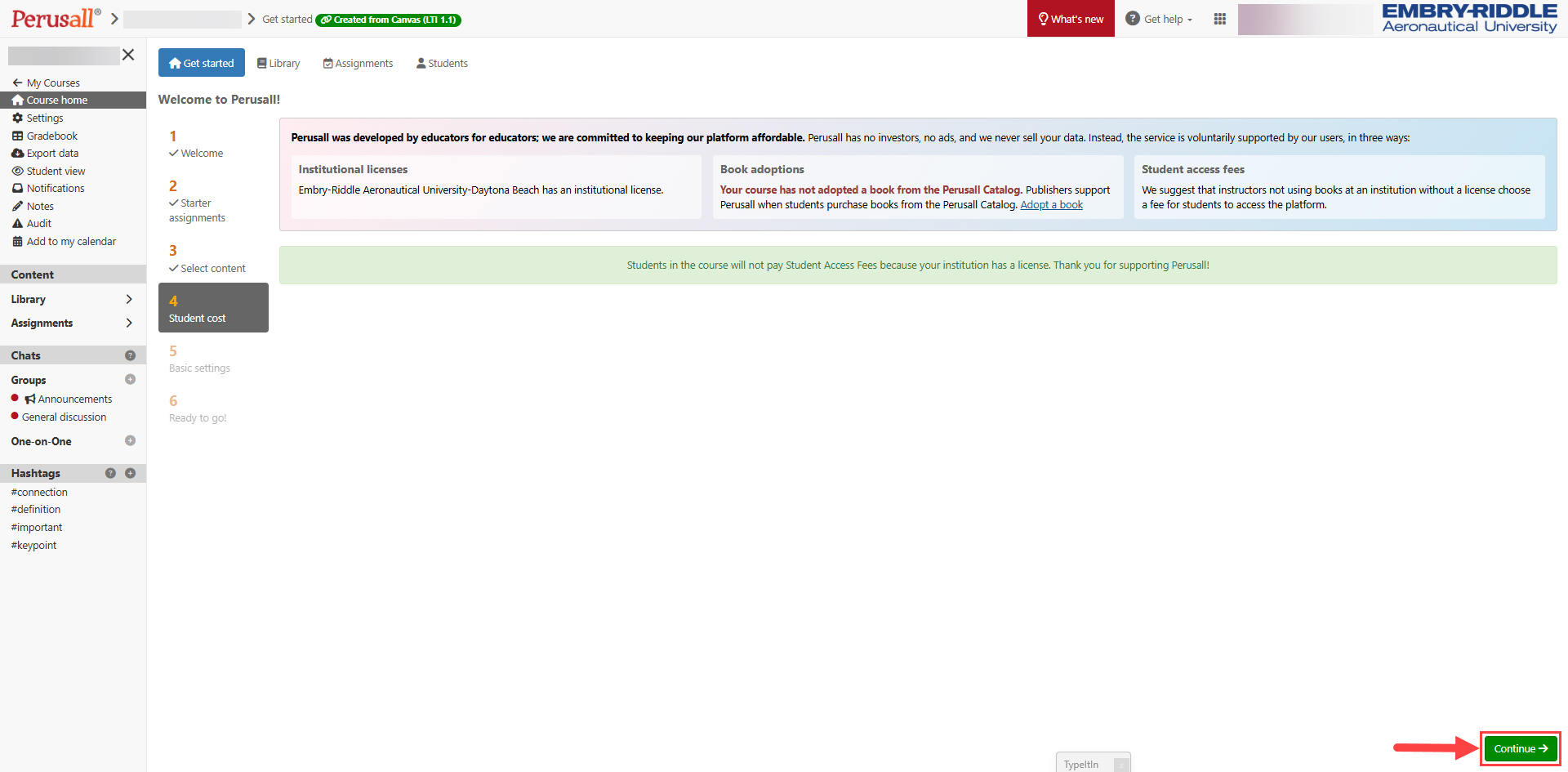 Perusall Student Cost page with Continue highlighted for selection