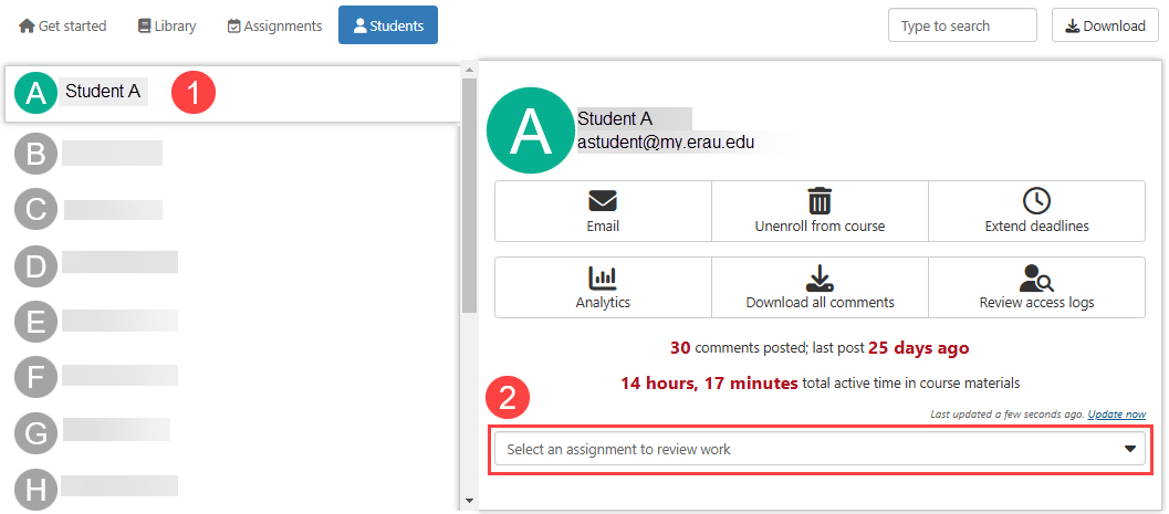 Individual student work dashboard for instructors select student to view labeled 1, select assignment to review labeled 2