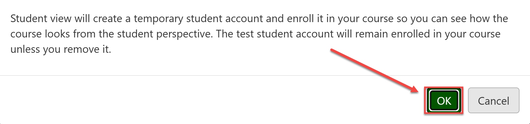 pop-up dialog with ok button outlined and arrowed to