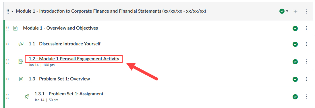 Canvas module with perusall assignment outlined and arrowed