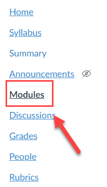 Canvas side navigation modules button oultlined and arrowed