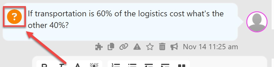 Question icon outlined and arrowed to in a Perusall conversation