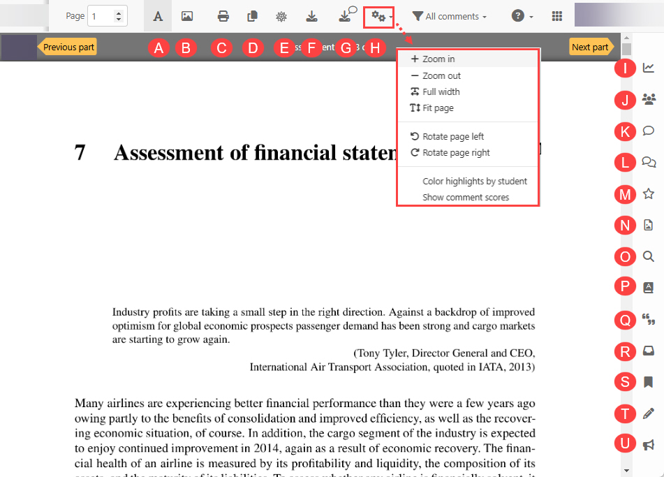 Student annotation tools labeled A through P