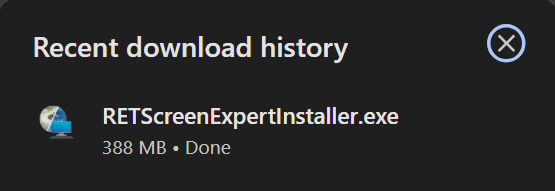 RETScreen Expert Installer file in browser after downloading.
