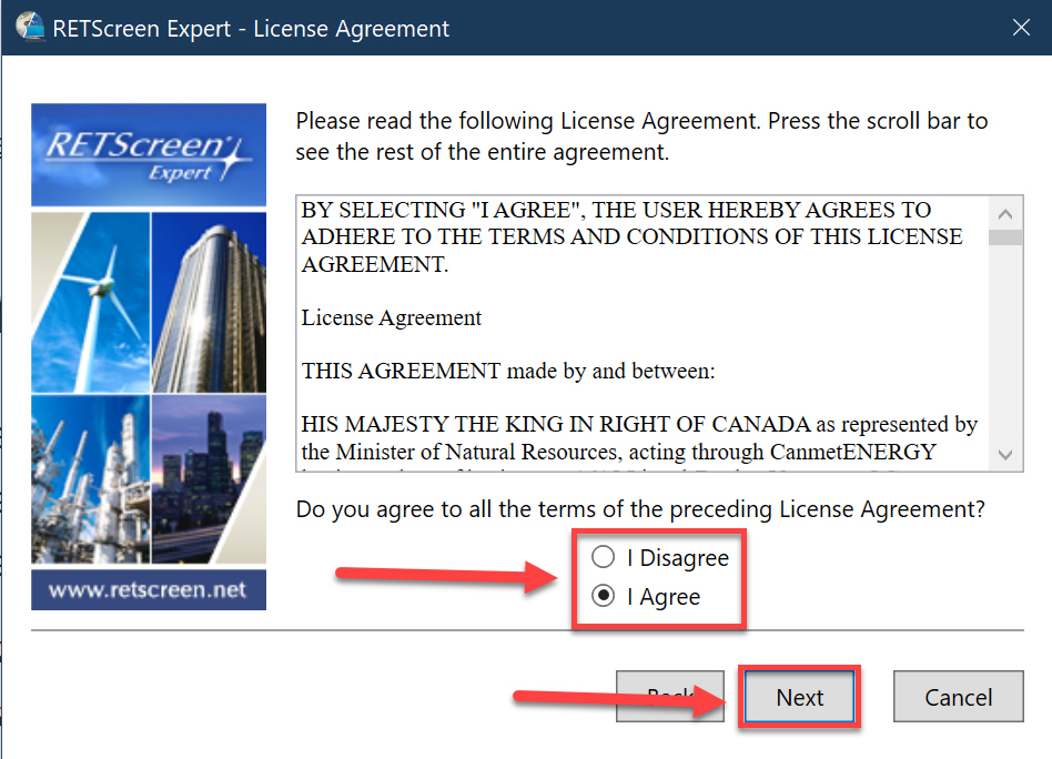 Licence agreement options and Next button highlighted for selection.