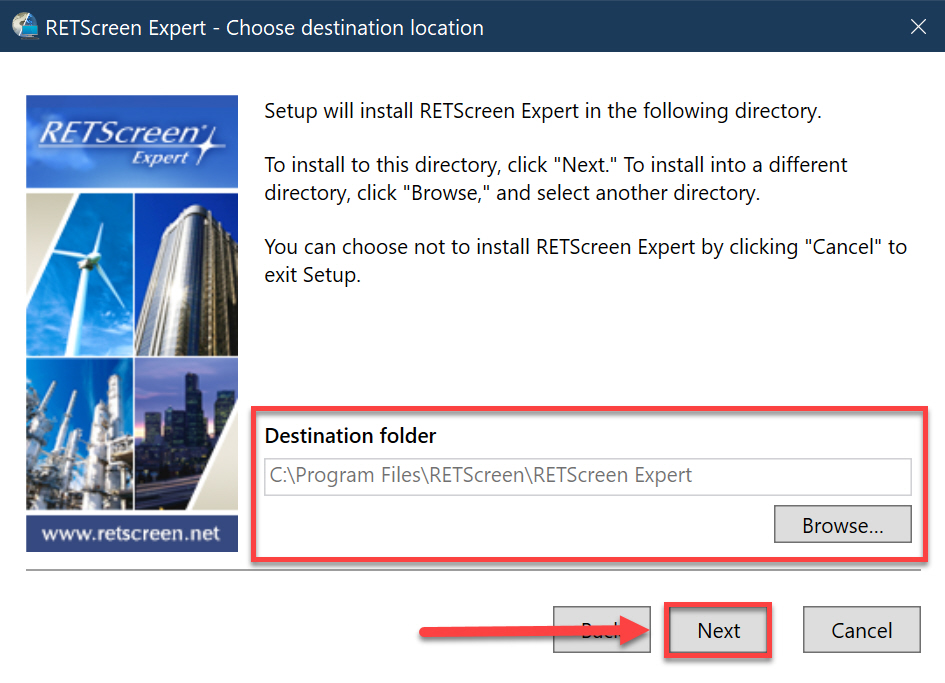 Installation location highlighted for observation and next button highlighted for selection.