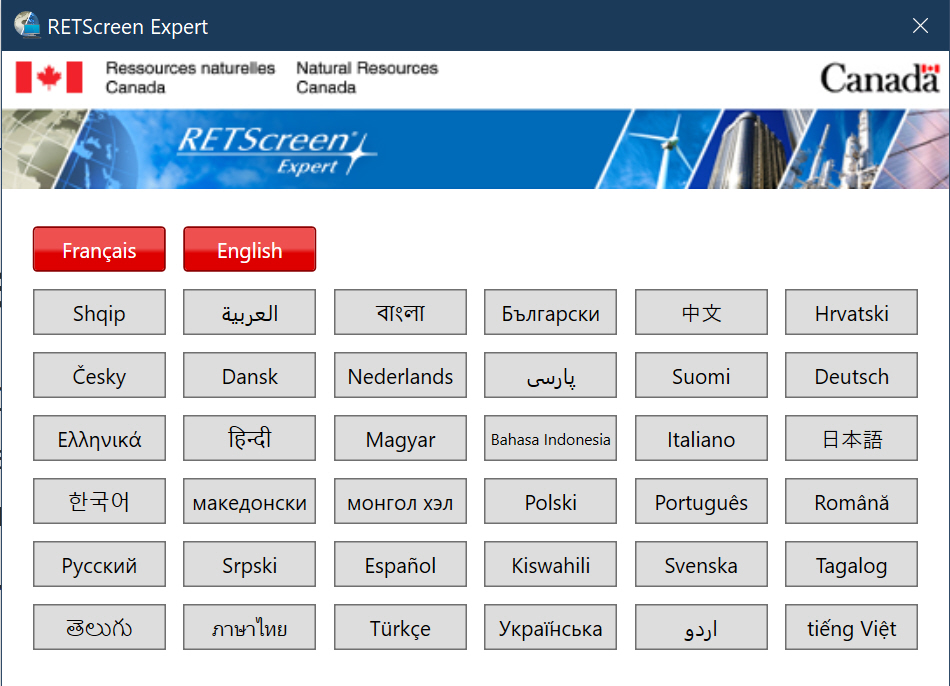 Select Language screen with buttons for different language options.