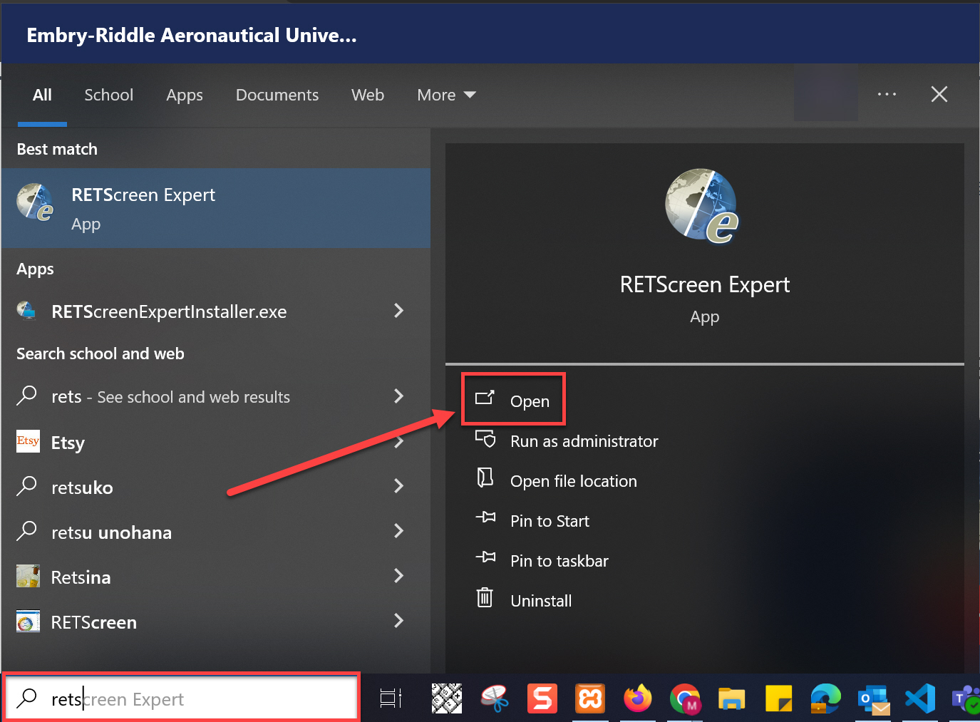 Open application button highlighted for selection.