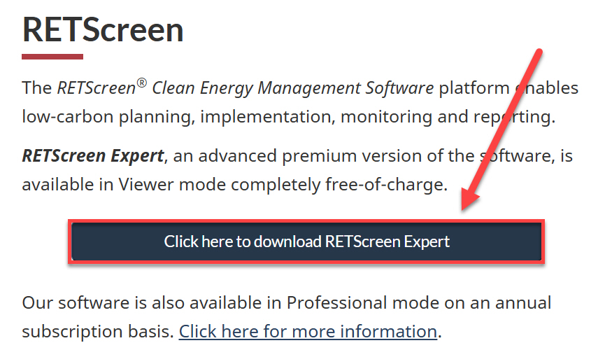 RETScreen Expert download button highlighted for selection.