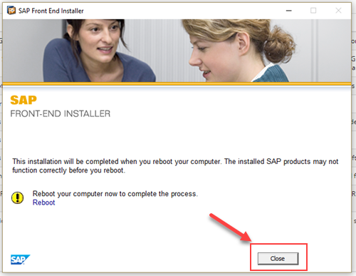 SAP install wizard with installation complete screen and close button highlighted