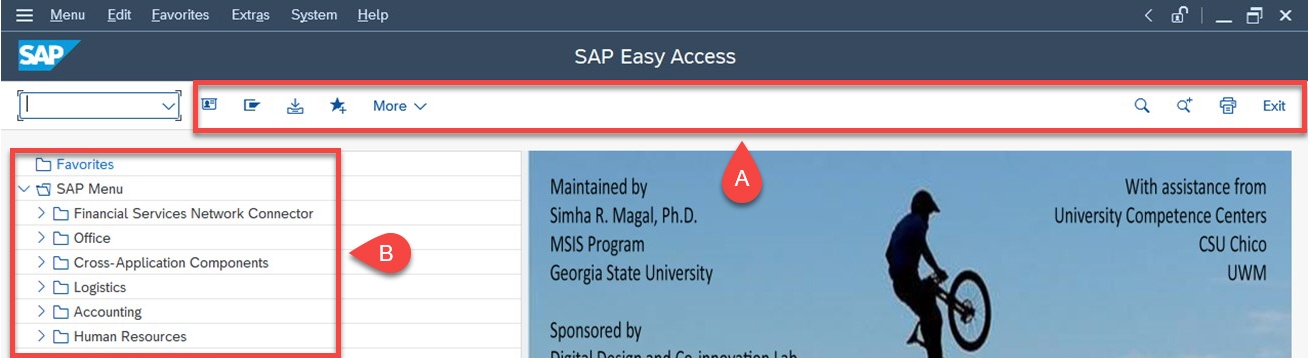 SAP GUI example with top navbar highlighted as A and side panel highlighted as B