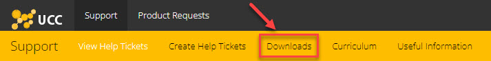 UCC Navbar with Support dropdown opened and Downloads link highlighted