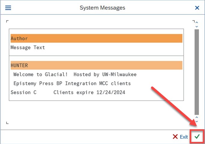 SAP System Messages page with checkmark button highlighted