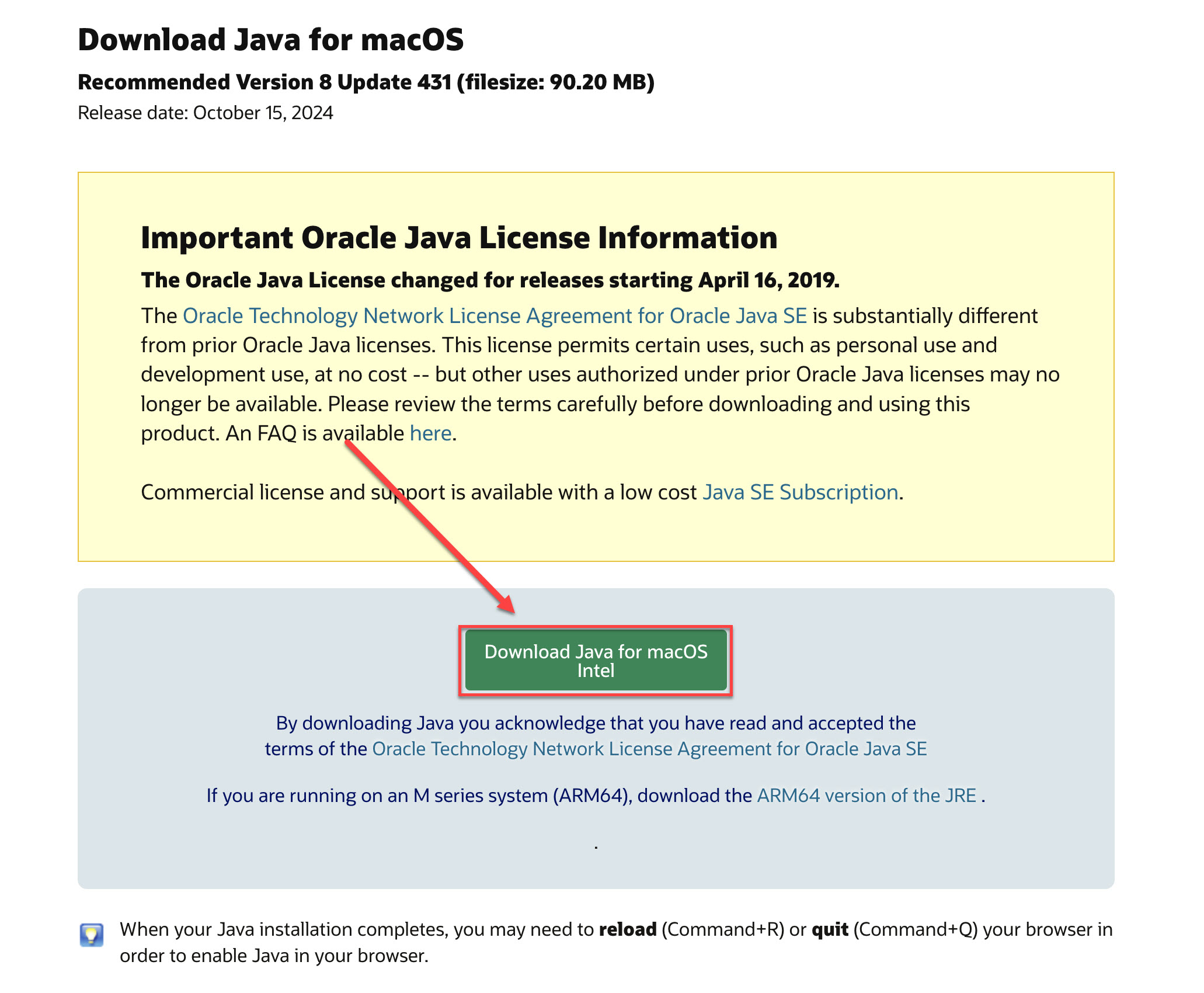 Java Download page with Download Java for macOS Intel highlighted