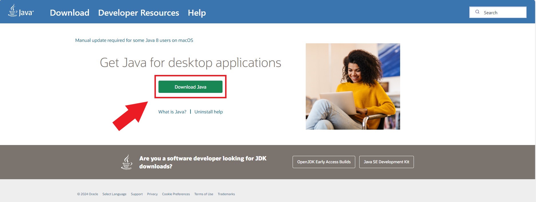 Java Home page with Java Download button highlighted