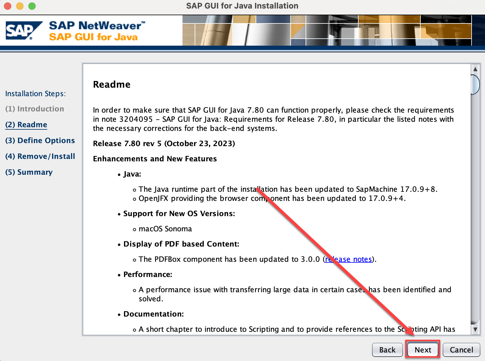 SAP GUI for Java Installer requirements with Next button highlighted