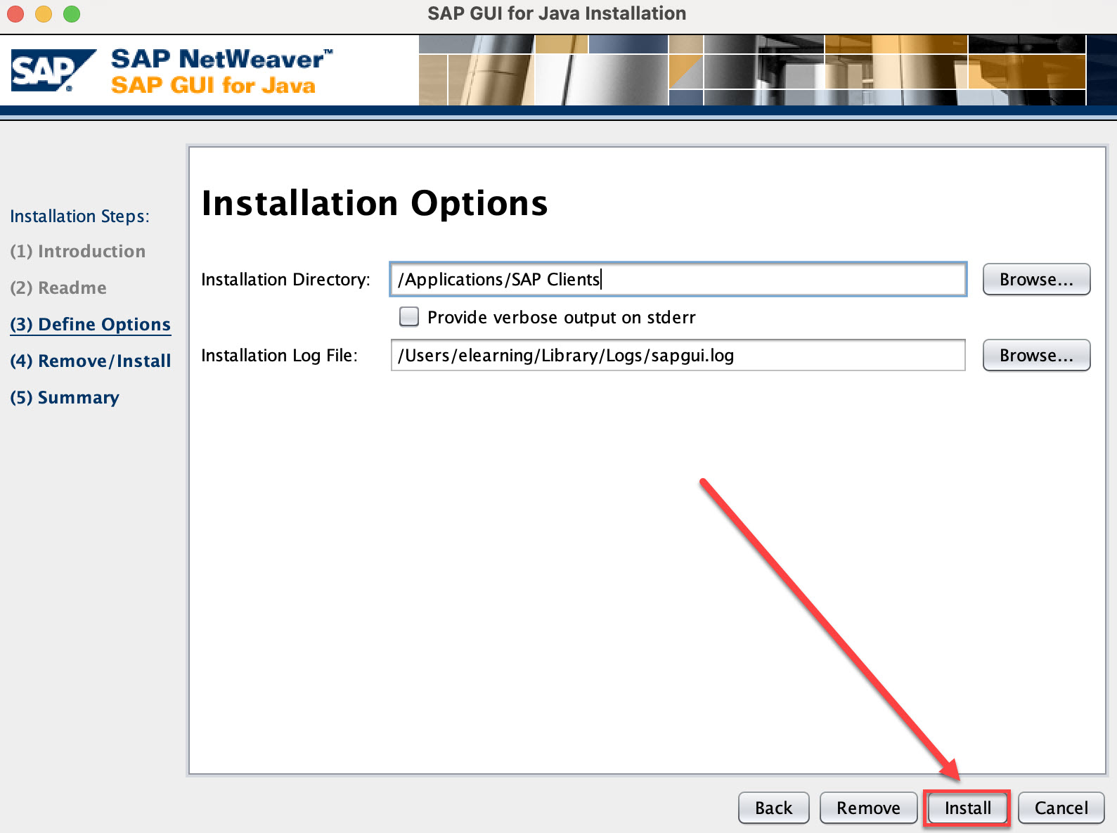 SAP GUI for Java Installer installation options with Install button highlighted