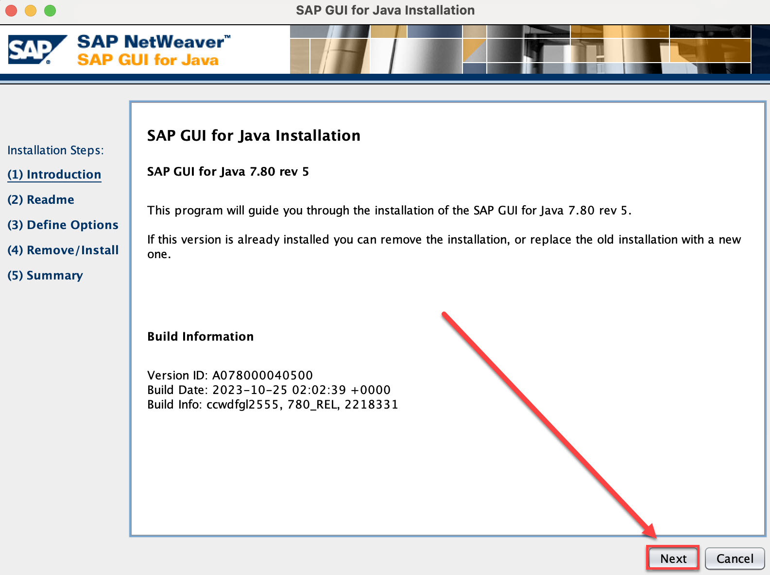 SAP GUI for Java Installer with Next button highlighted