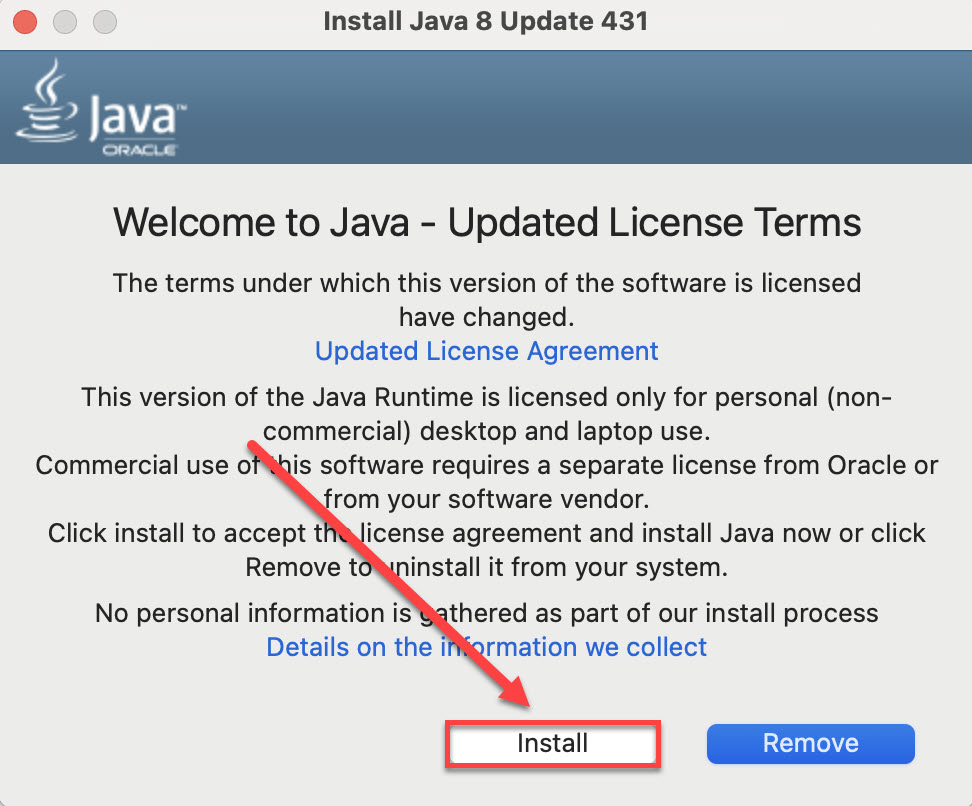 Java Installer with Install button highlighted