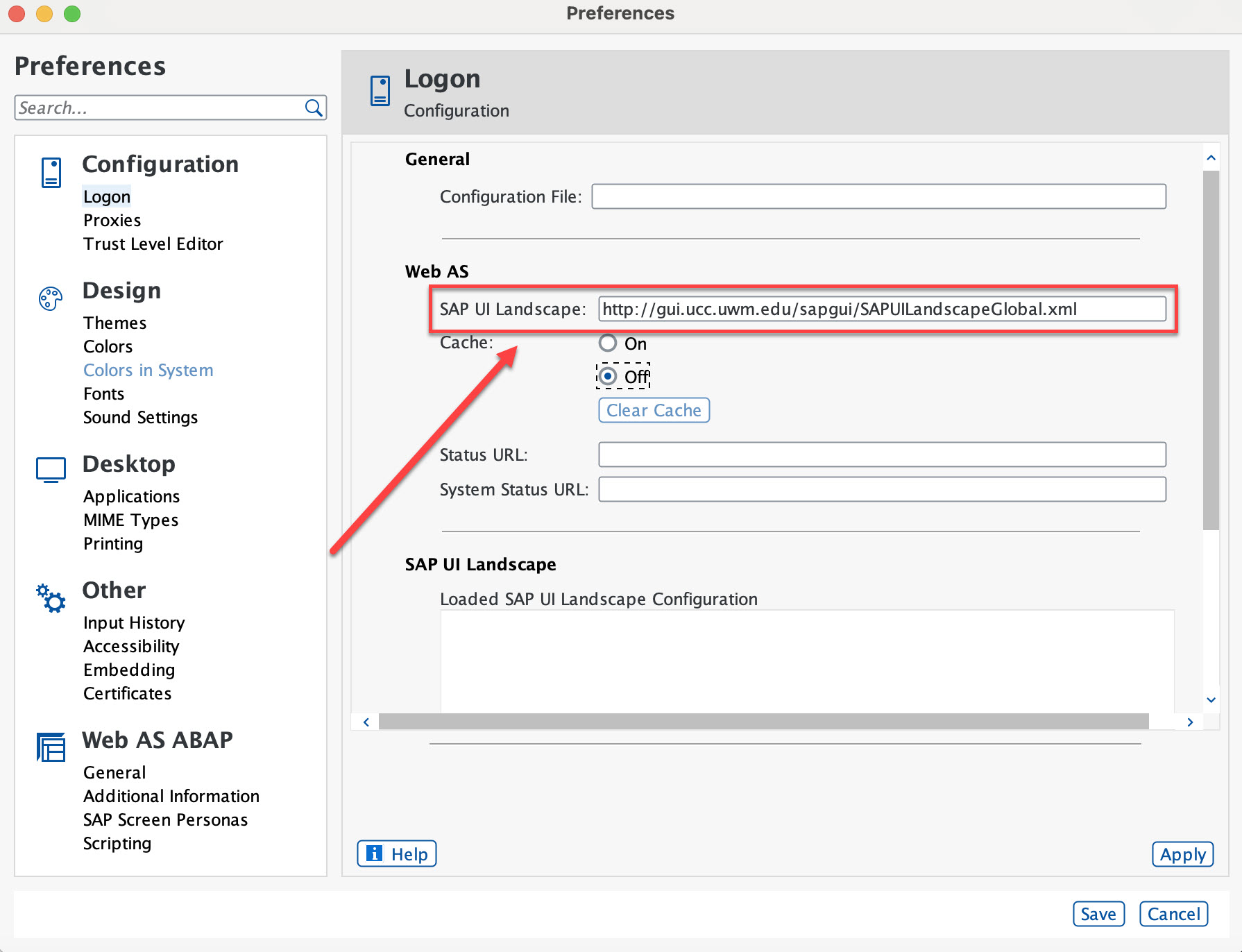 SAP Preferences Log On page with SAP UI Landscape input box highlighted