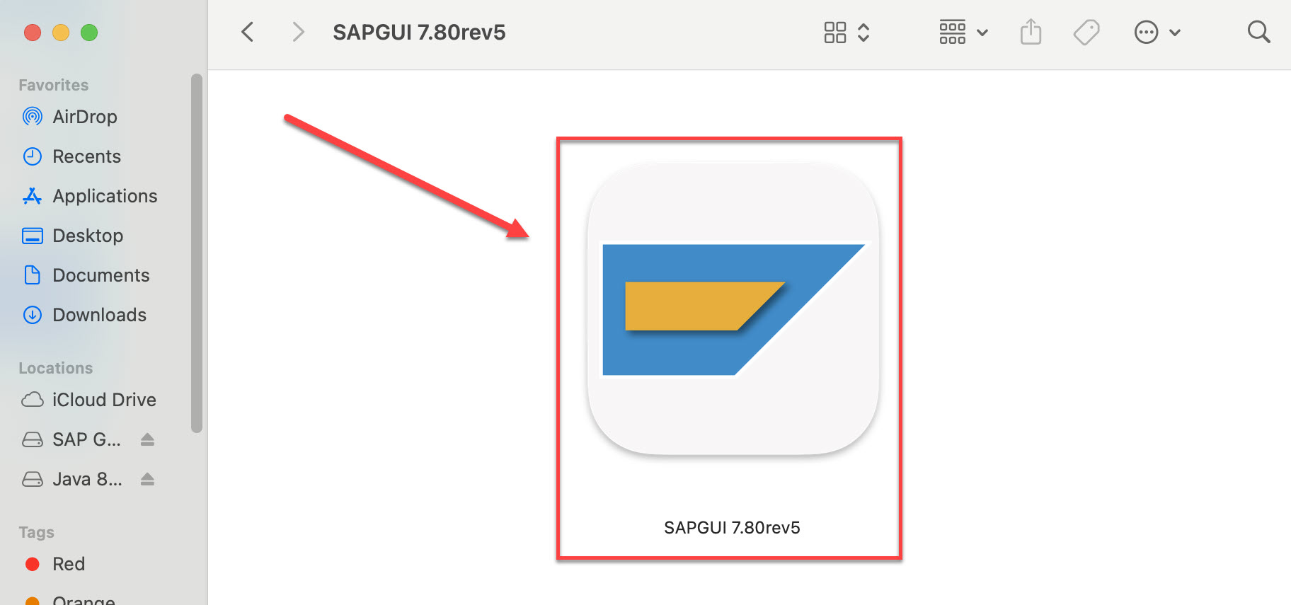 Mac Finder Applications folder with SAPGUI 7.80rev5 highlighted