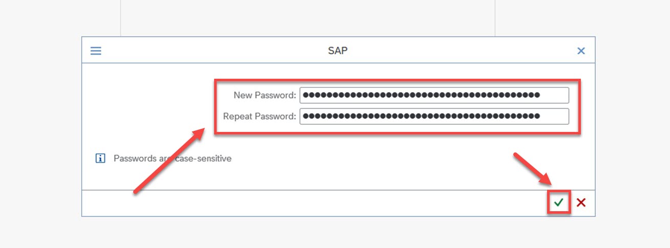 SAP Change Password page with New Password and Repeat Password inputs highlighted and Transfer Button selected