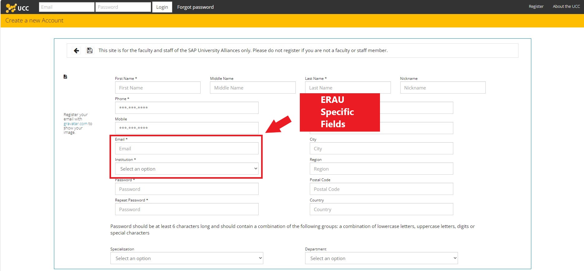 UCC Registration page with email and institution box highlighted for input