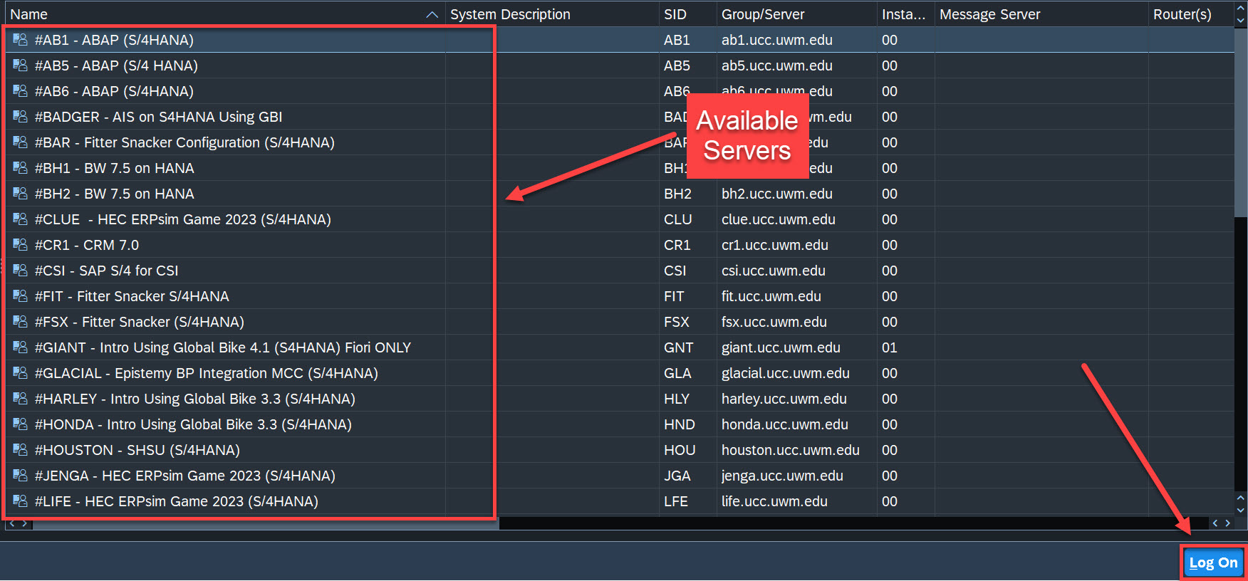 SAP Available Server list highlighted along with Log On button highlighted