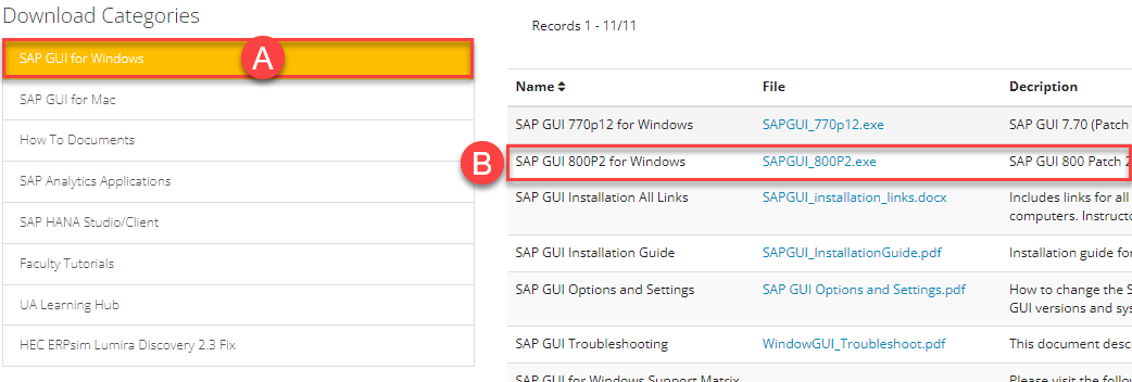 Download categories page with SAP GUI for Windows highlighted as A and SAP GUI 800P2 for Windows highlighted as B