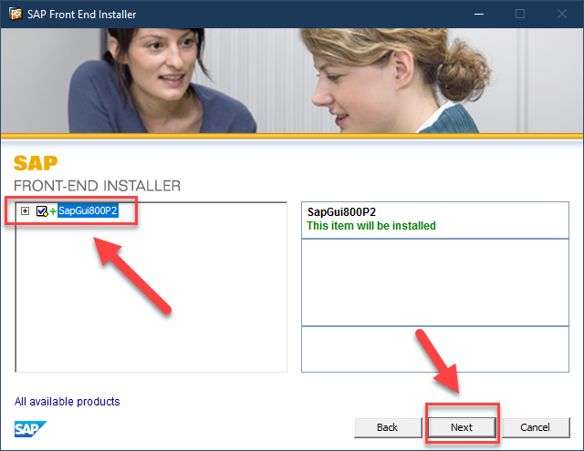 SAP Install wizard with SAPGUI800P2 selected and Next button highlighted