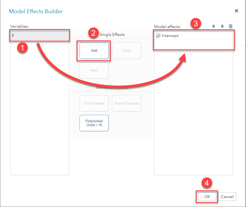 SAS Model Effects Builder with Variables and effects highlighted and labeled numerically