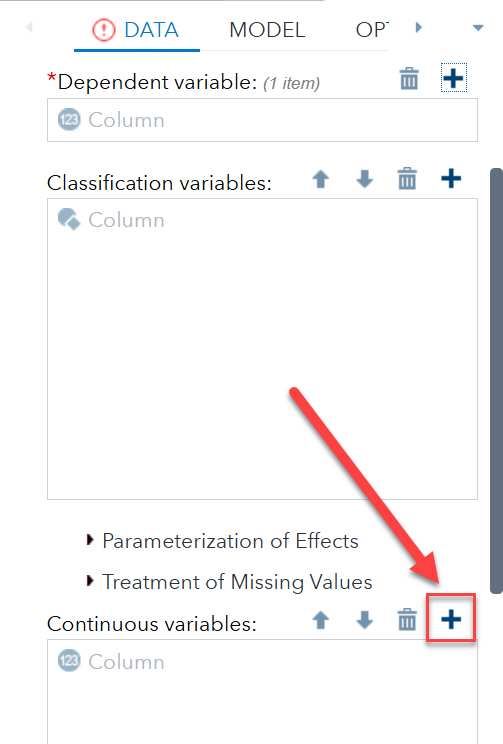 SAS Data import tab with continuous variables' plus icon highlighted