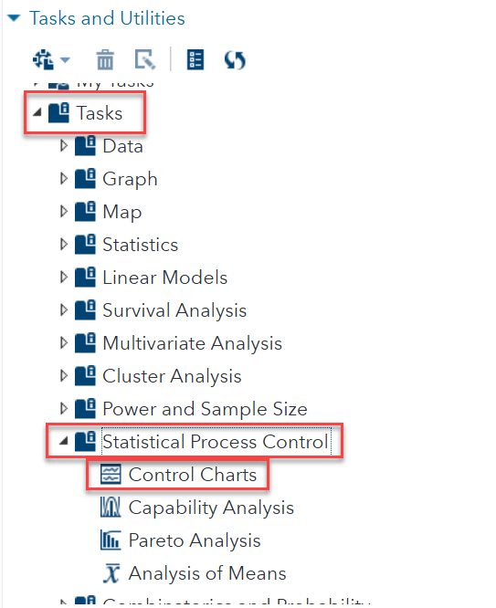 SAS Tasks and Utilities Directory with Control Charts highlighted 