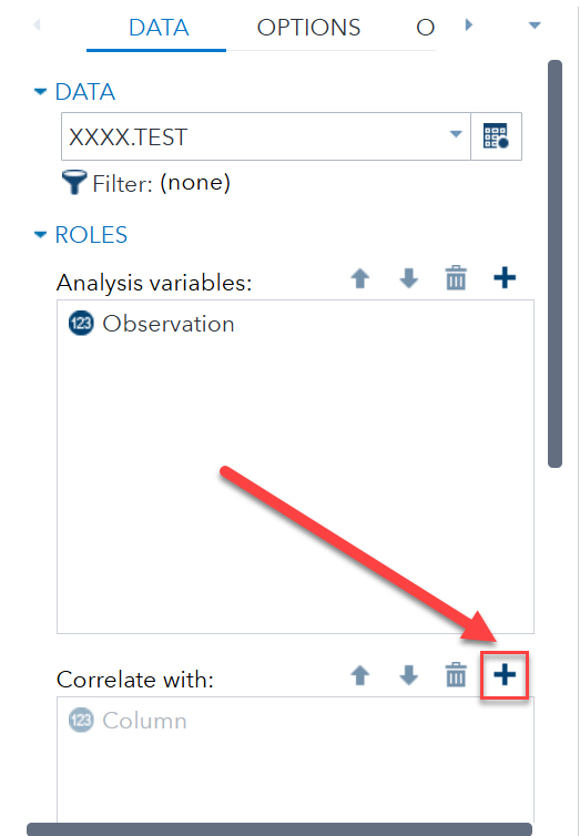 SAS Correlate with Plus icon highlighted