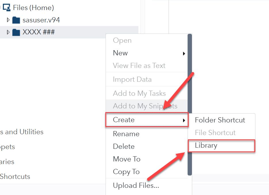 SAS right click dropdown opened with Create > Library highlighted