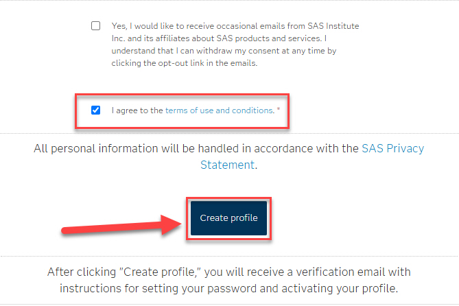 SAS terms of use accepted and Create Profile button highlighted