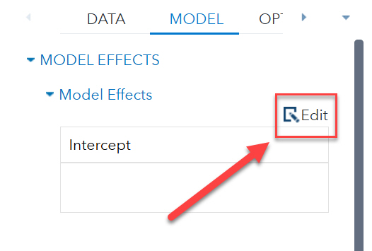 SAS Model tab with model effects' Edit button highlighted