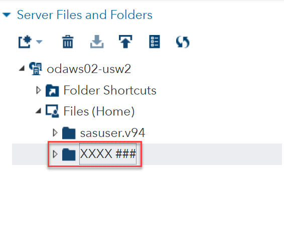 SAS Server Files and Folders screen with COURSE# folder highlighted