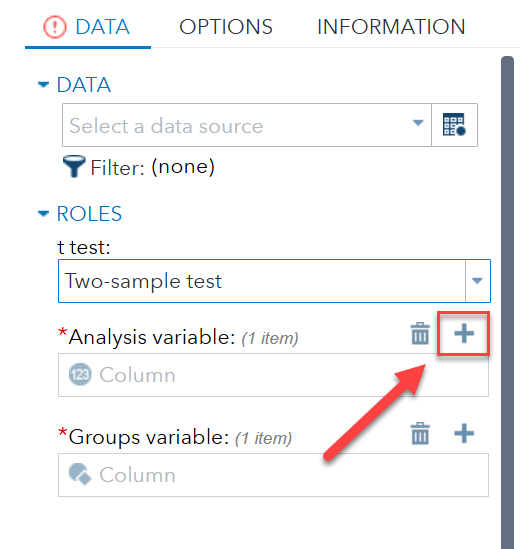 SAS Toolbar Data with Plus icon next to analysis variable highlighted