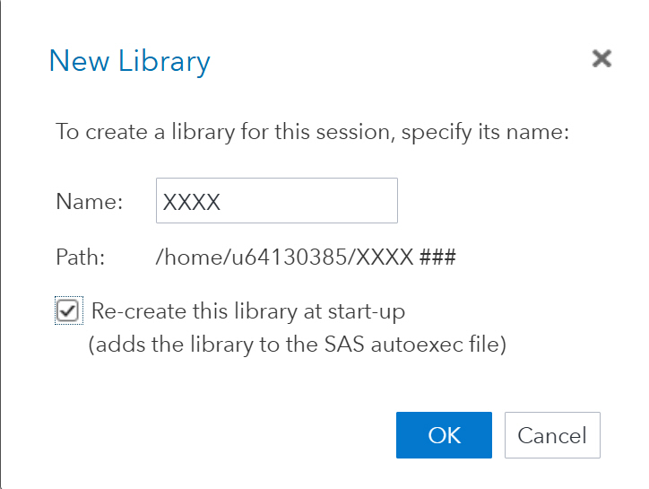 SAS New Library window with library Name input and Re-create this library button checked and highlighted