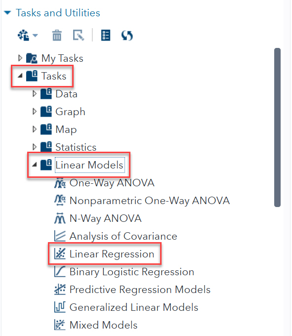 SAS Tasks and Utilities directory with Tasks > Linear Models > Linear Regression highlighted