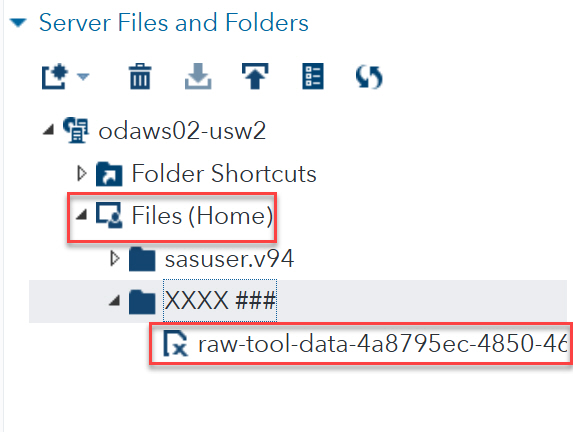 SAS Server Files and Folders with Files (Home) > COURSE# > data.xlsx highlighted