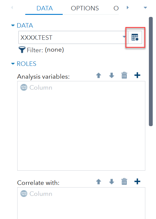 SAS Data import with table icon highlighted