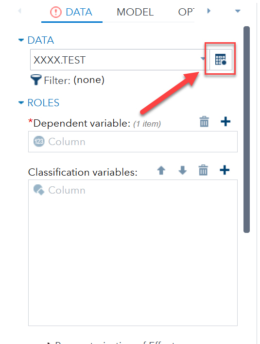 SAS Data import tab with table icon highlighted