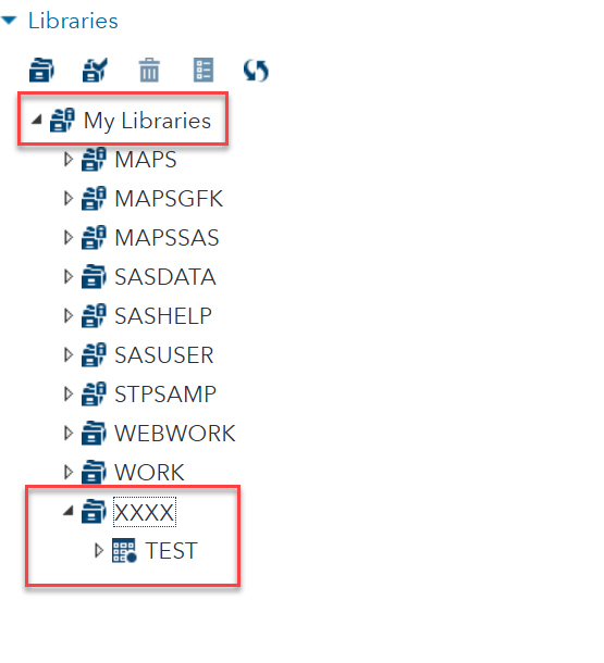 SAS Directory Libraries with My Libraries > Course > TEST highlighted