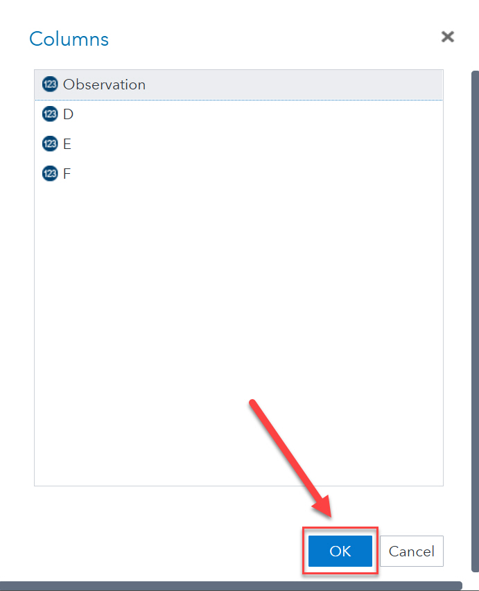 SAS Columns with sampleValue and OK button highlighted