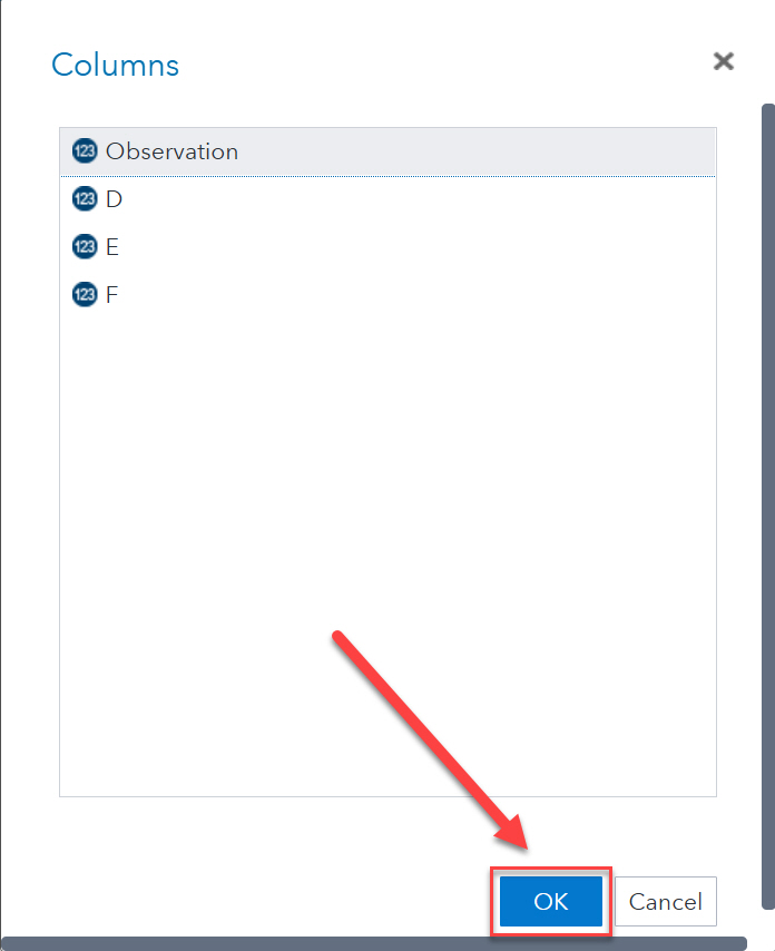 SAS Columns window with Group and OK button highlighted