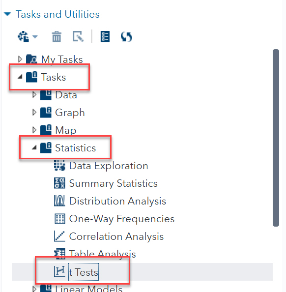 SAS Tasks and Utilities with Tasks > Statistics > t Tests highlighted